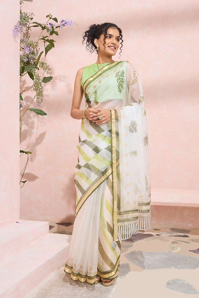 Off White Rajasthan Pure Silk Kota Printed Sanganeri Saree thumbnail image number null