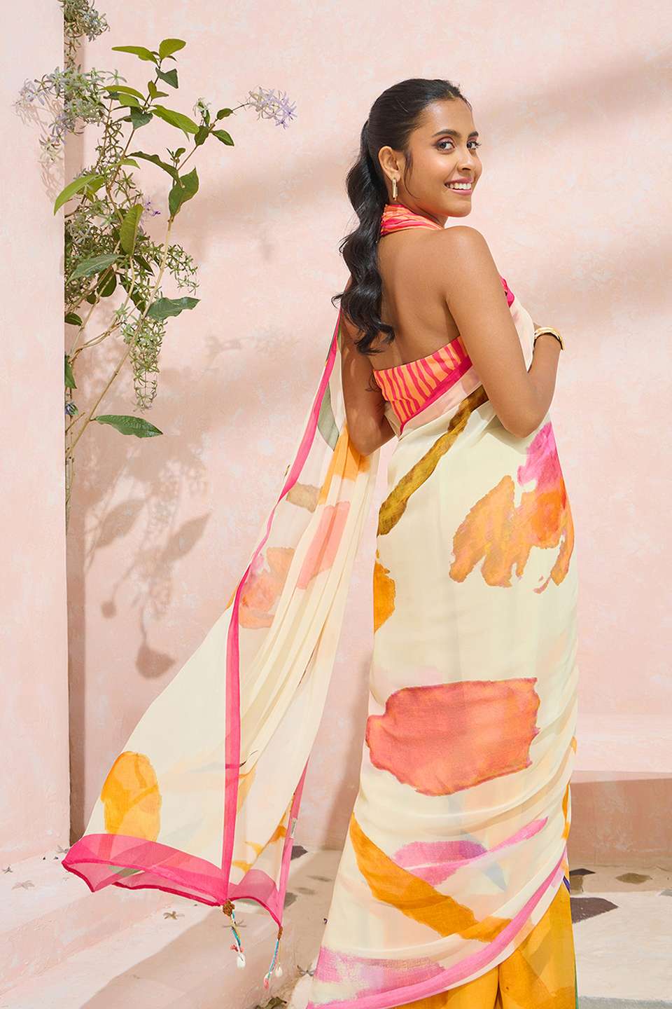 Beige Bengal Printed Viscose Georgette Saree