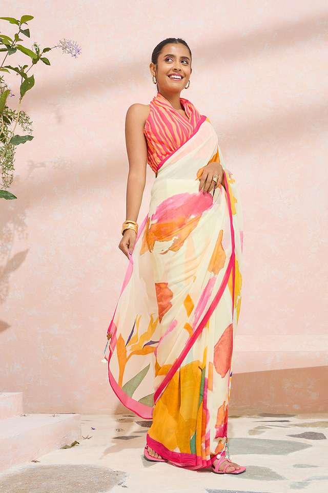 Beige Bengal Printed Viscose Georgette Saree thumbnail image number null