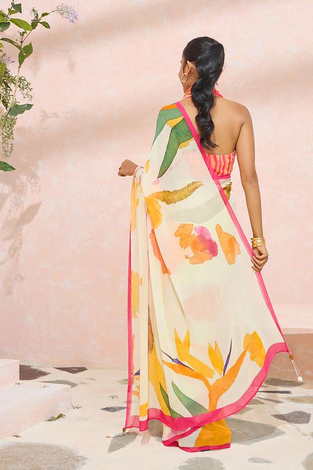 Beige Bengal Printed Viscose Georgette Saree thumbnail image number null