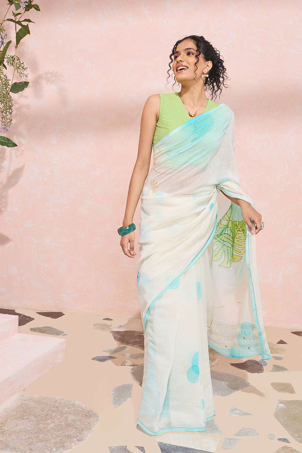 Off White Bengal Pure Silk Cotton Kantha Saree