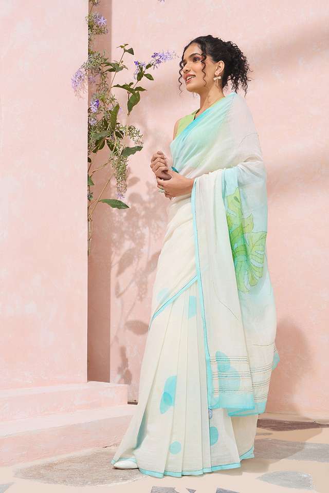 Off White Bengal Pure Silk Cotton Kantha Saree thumbnail image number null