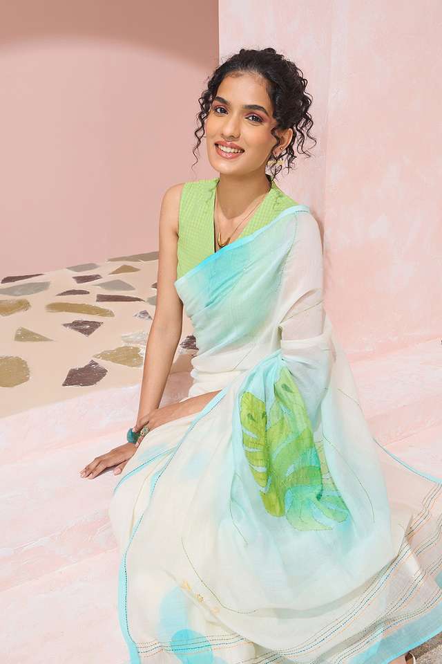 Off White Bengal Pure Silk Cotton Kantha Saree thumbnail image number null