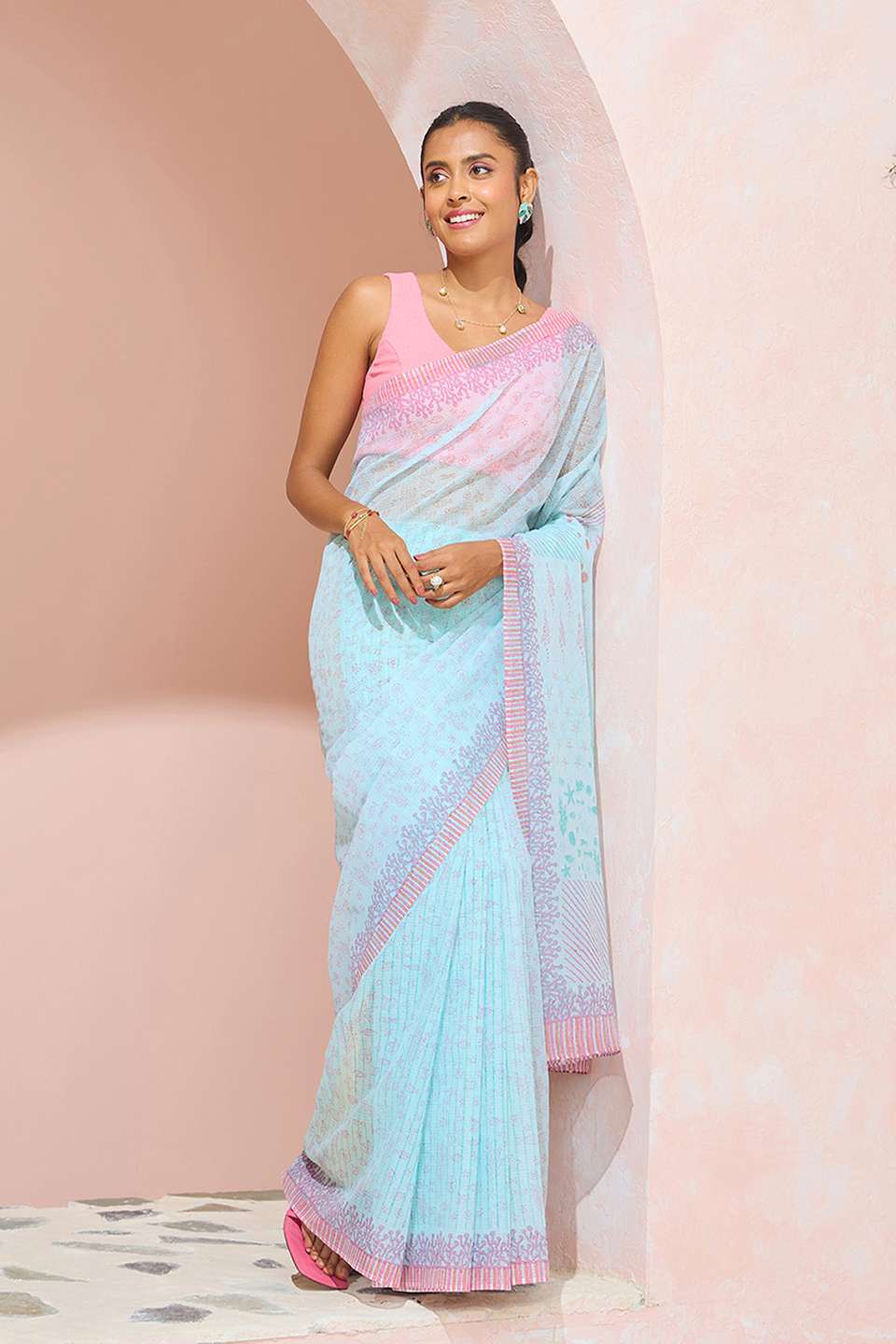 Light Blue Bengal Block Printed Pure Cotton Kota Saree