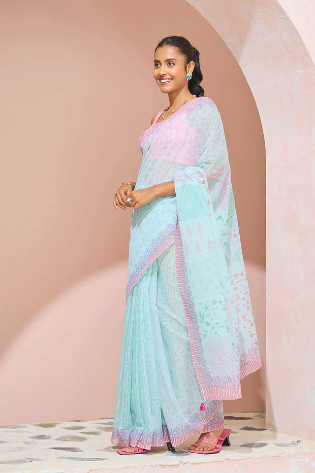 Light Blue Bengal Block Printed Pure Cotton Kota Saree thumbnail image number null