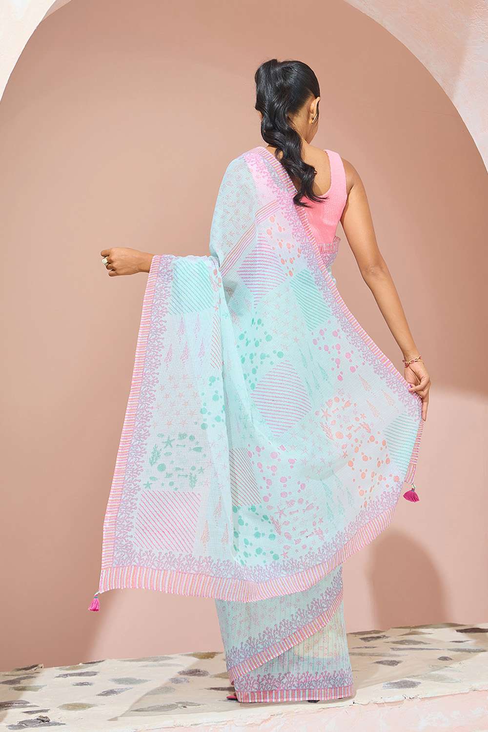Light Blue Bengal Block Printed Pure Cotton Kota Saree image number null