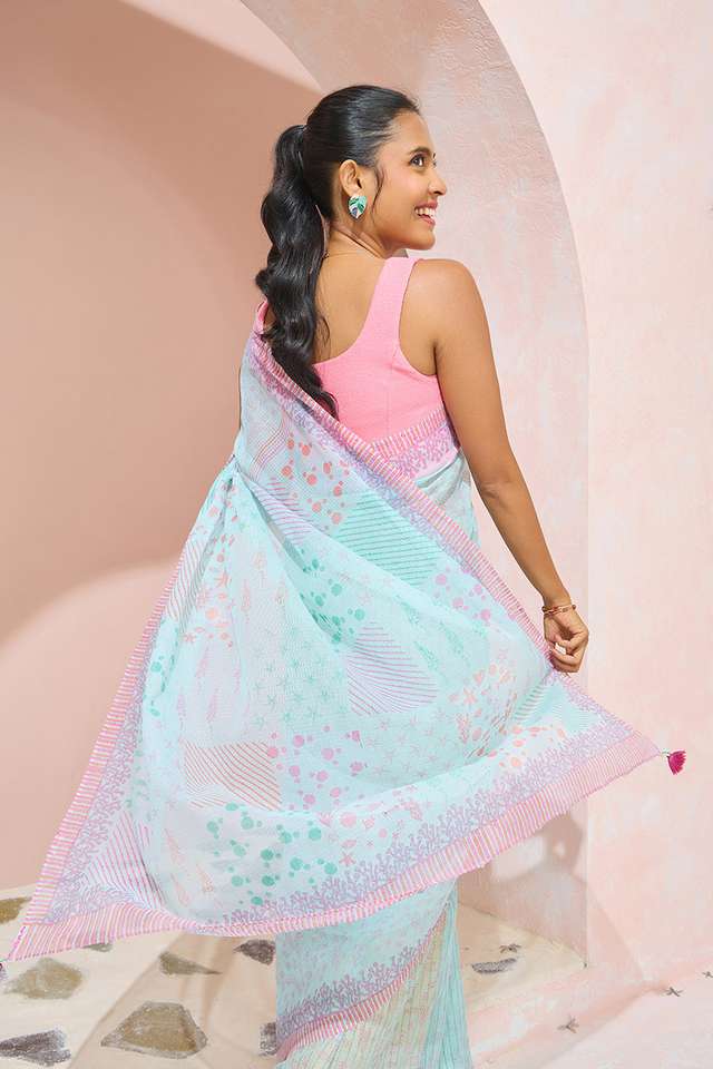 Light Blue Bengal Block Printed Pure Cotton Kota Saree thumbnail image number null