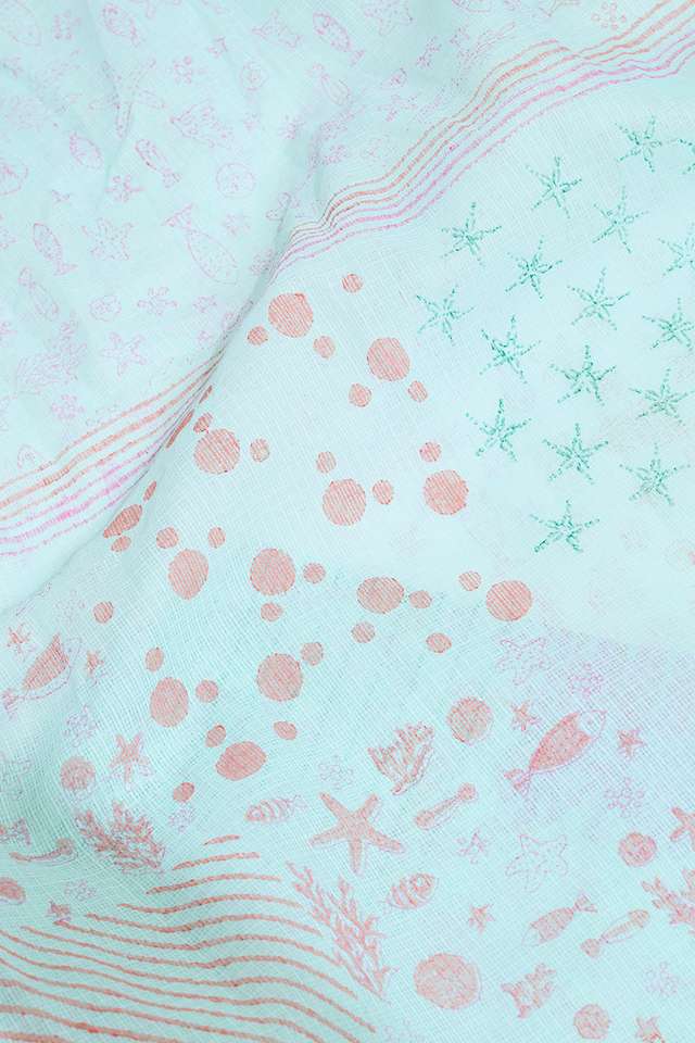 Light Blue Bengal Block Printed Pure Cotton Kota Saree thumbnail image number null
