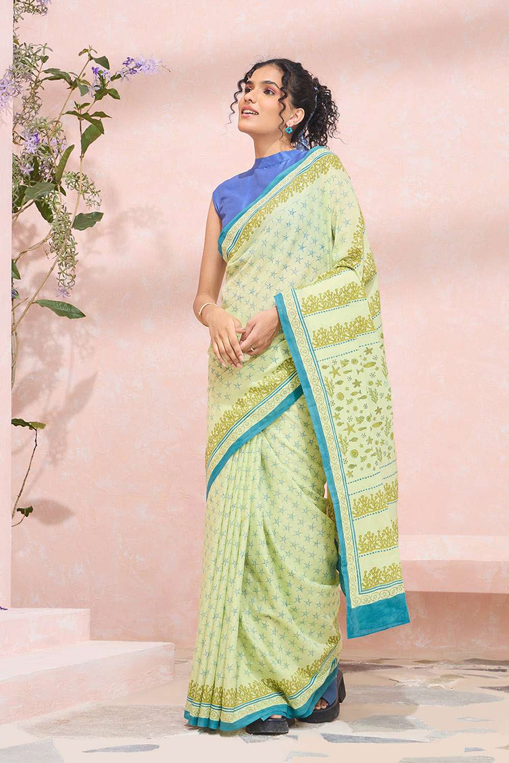 Light Green Pure Cotton Mulmul Block Printed Bengal Saree image number null