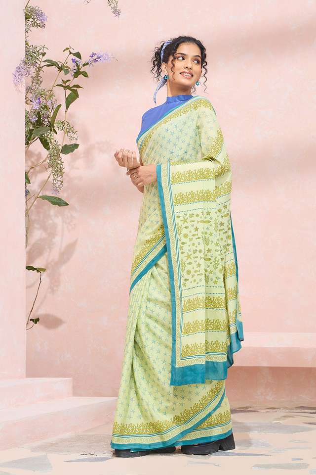 Light Green Pure Cotton Mulmul Block Printed Bengal Saree thumbnail image number null