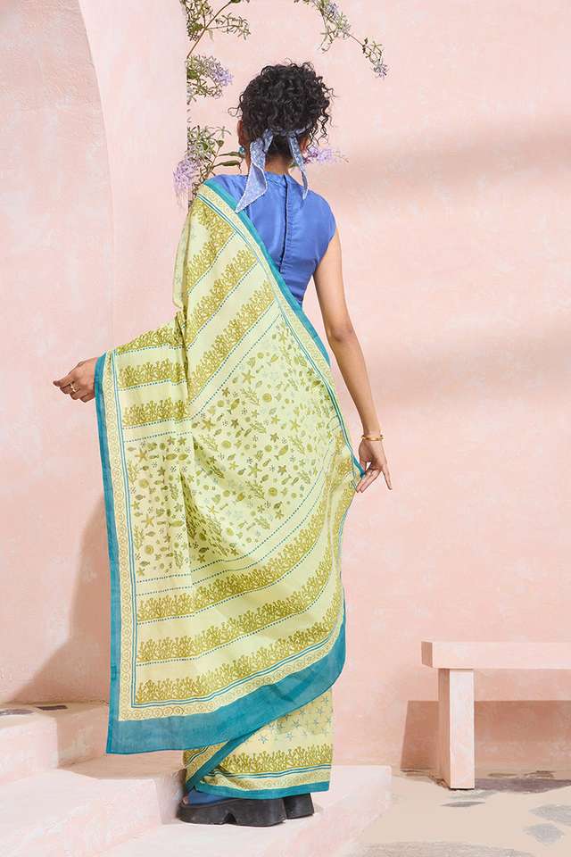Light Green Pure Cotton Mulmul Block Printed Bengal Saree thumbnail image number null