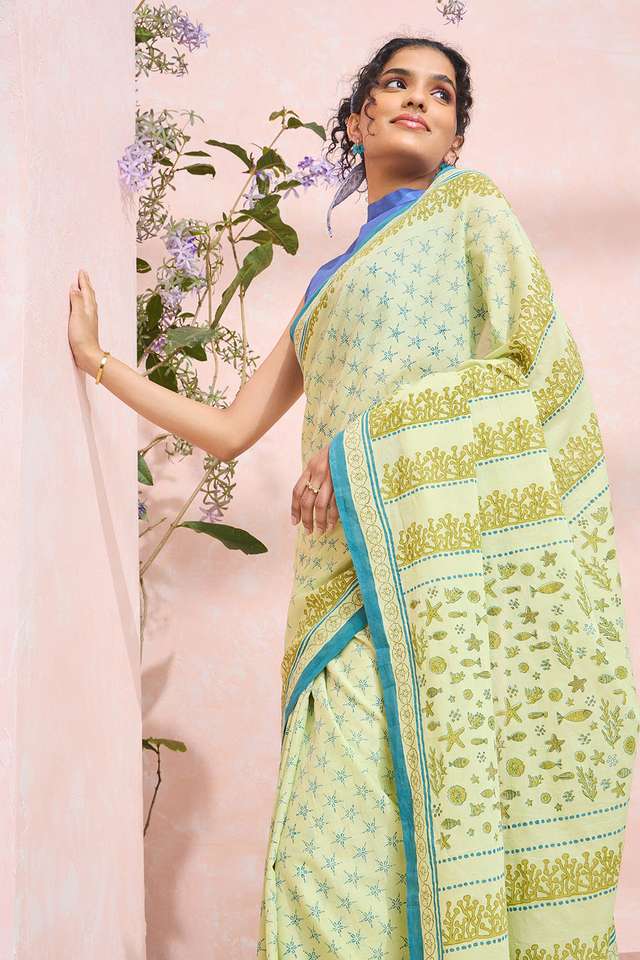 Light Green Pure Cotton Mulmul Block Printed Bengal Saree thumbnail image number null