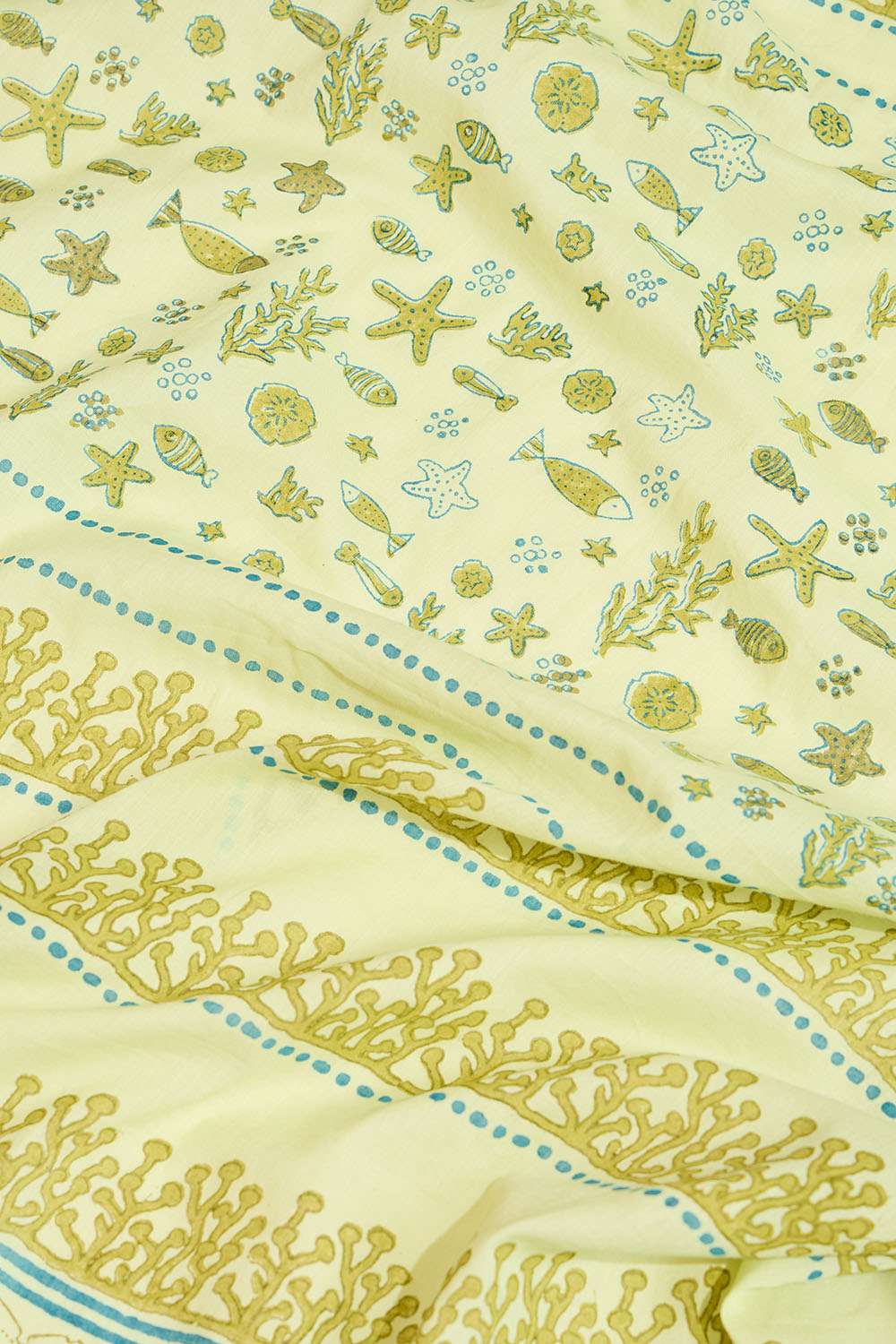 Light Green Pure Cotton Mulmul Block Printed Bengal Saree image number null