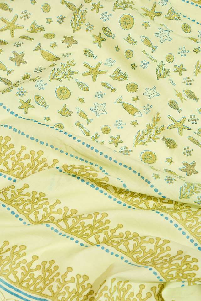 Light Green Pure Cotton Mulmul Block Printed Bengal Saree thumbnail image number null