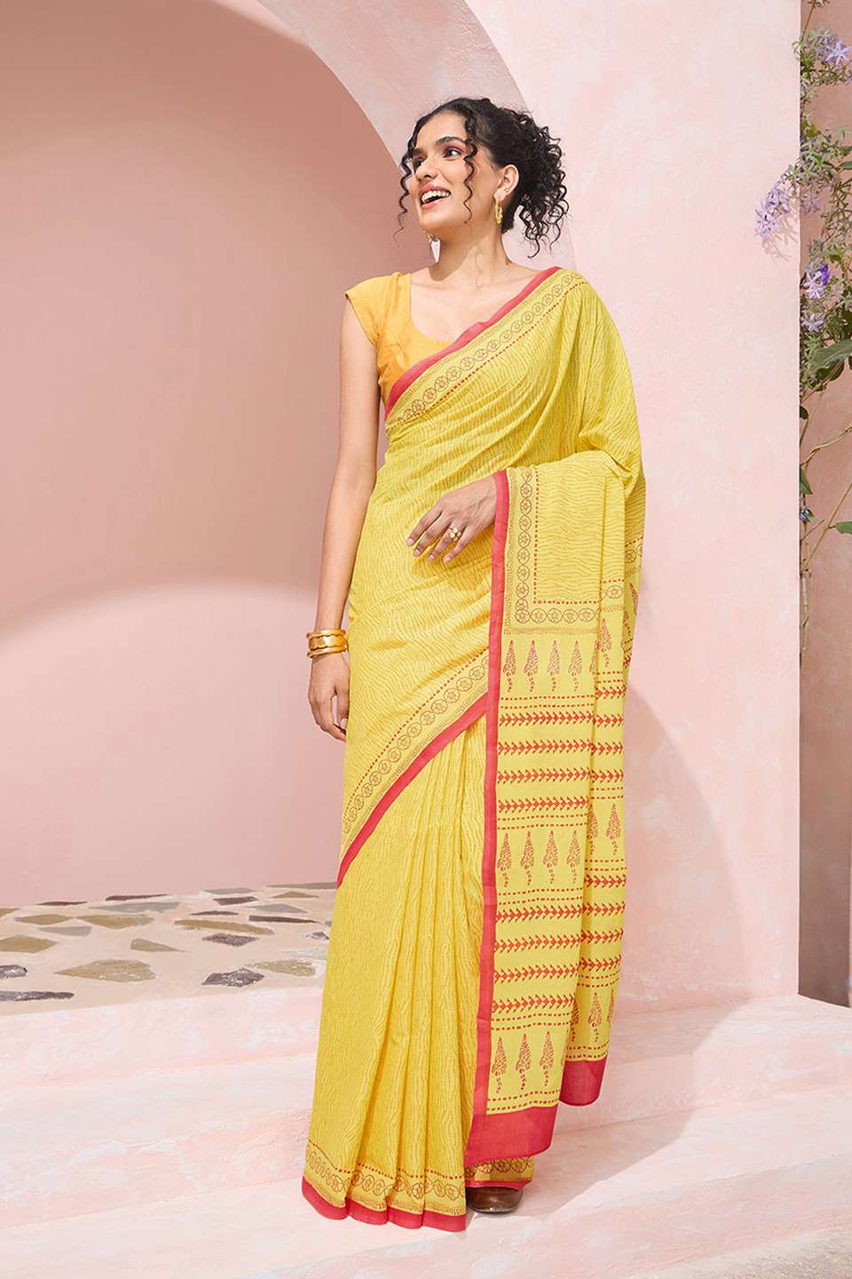 Yellow Pure Cotton Mulmul Block Printed Bengal Saree