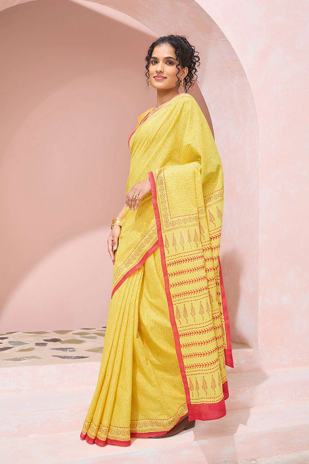 Yellow Pure Cotton Mulmul Block Printed Bengal Saree image number null