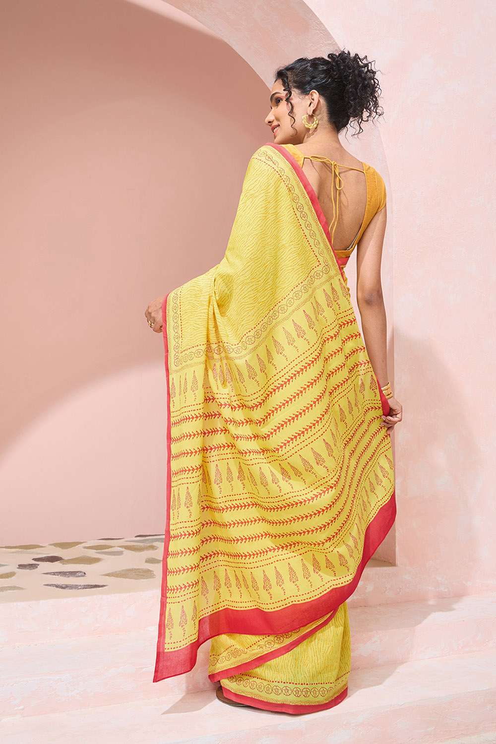 Yellow Pure Cotton Mulmul Block Printed Bengal Saree image number null