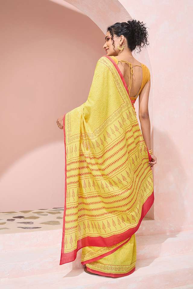 Yellow Pure Cotton Mulmul Block Printed Bengal Saree thumbnail image number null