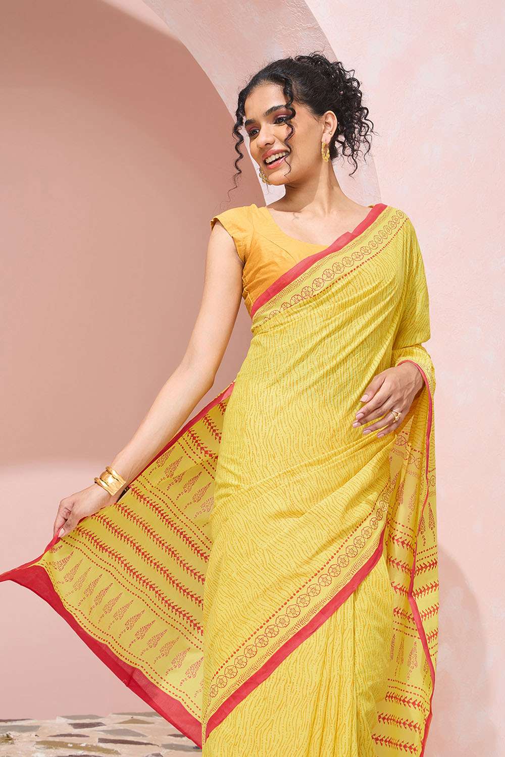 Yellow Pure Cotton Mulmul Block Printed Bengal Saree image number null
