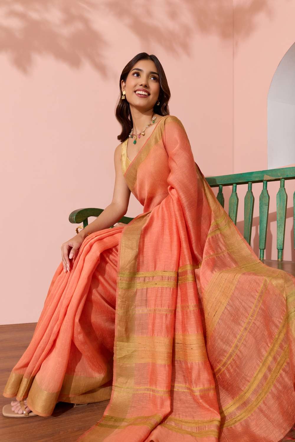 Light Orange Woven Silk Bengal Saree image number null