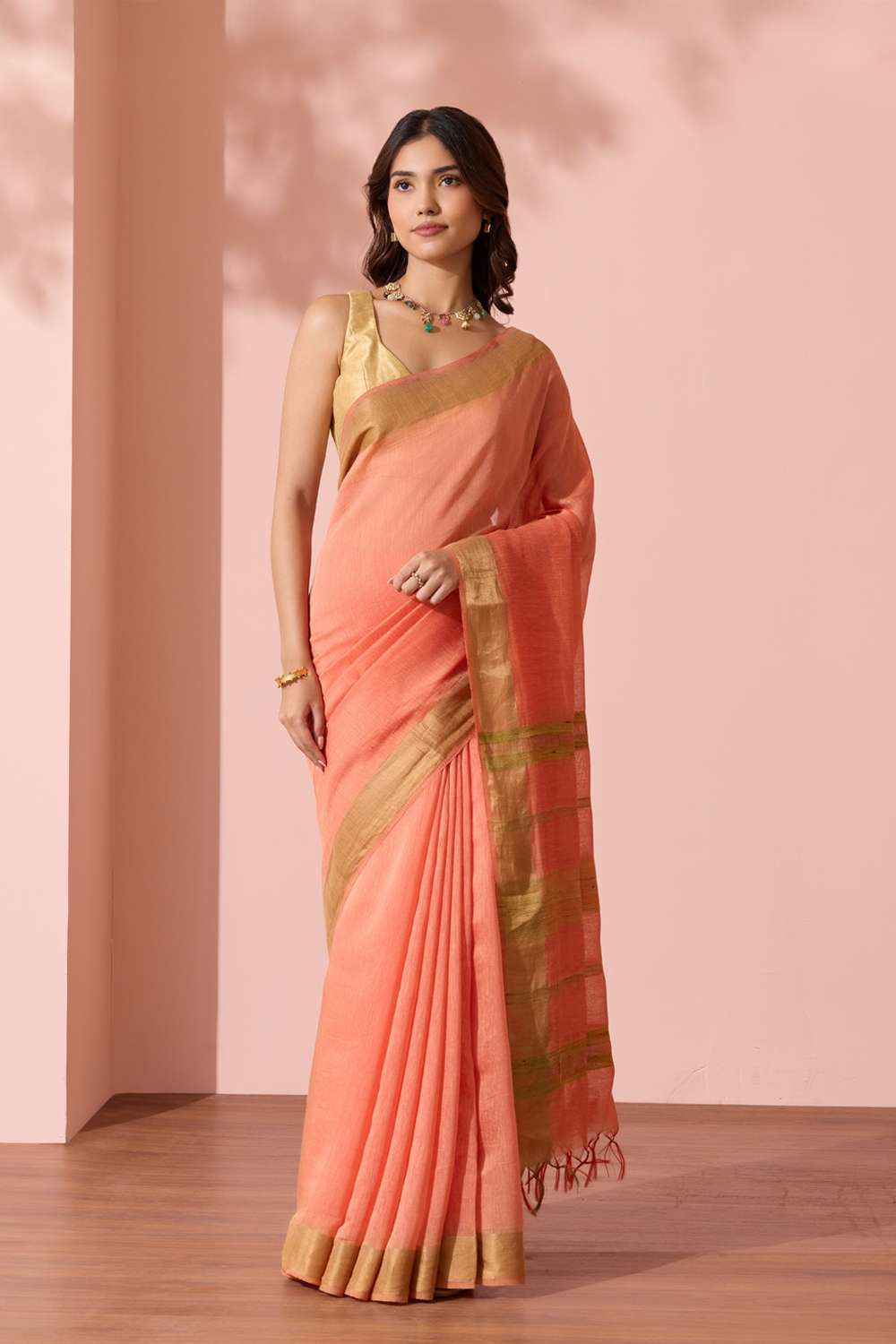 Light Orange Woven Silk Bengal Saree image number null