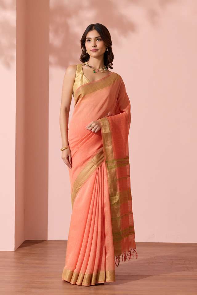 Light Orange Woven Silk Bengal Saree thumbnail image number null