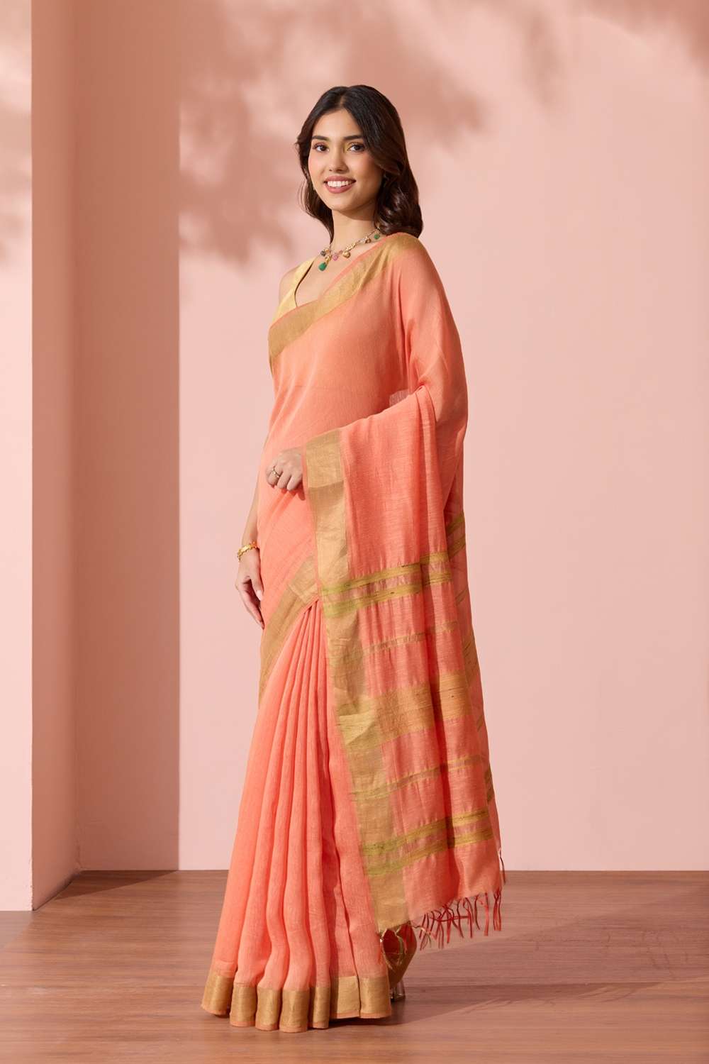 Light Orange Woven Silk Bengal Saree image number null