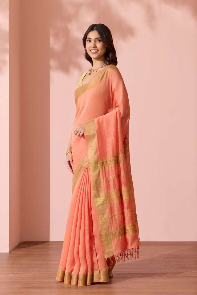 Light Orange Woven Silk Bengal Saree thumbnail image number null