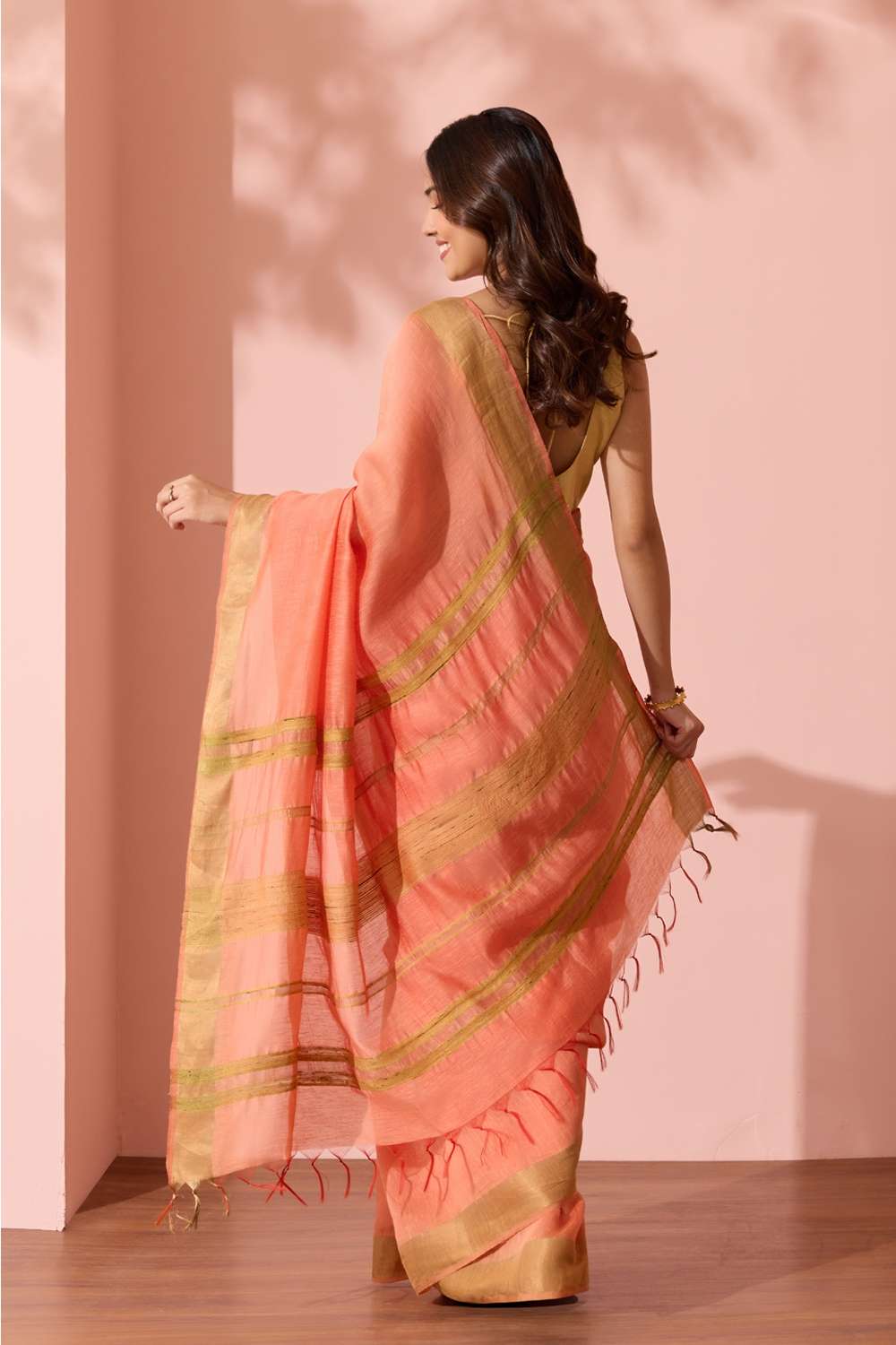 Light Orange Woven Silk Bengal Saree image number null