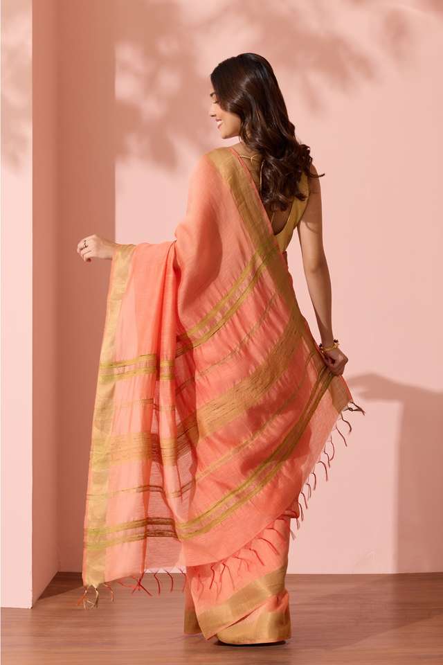 Light Orange Woven Silk Bengal Saree thumbnail image number null