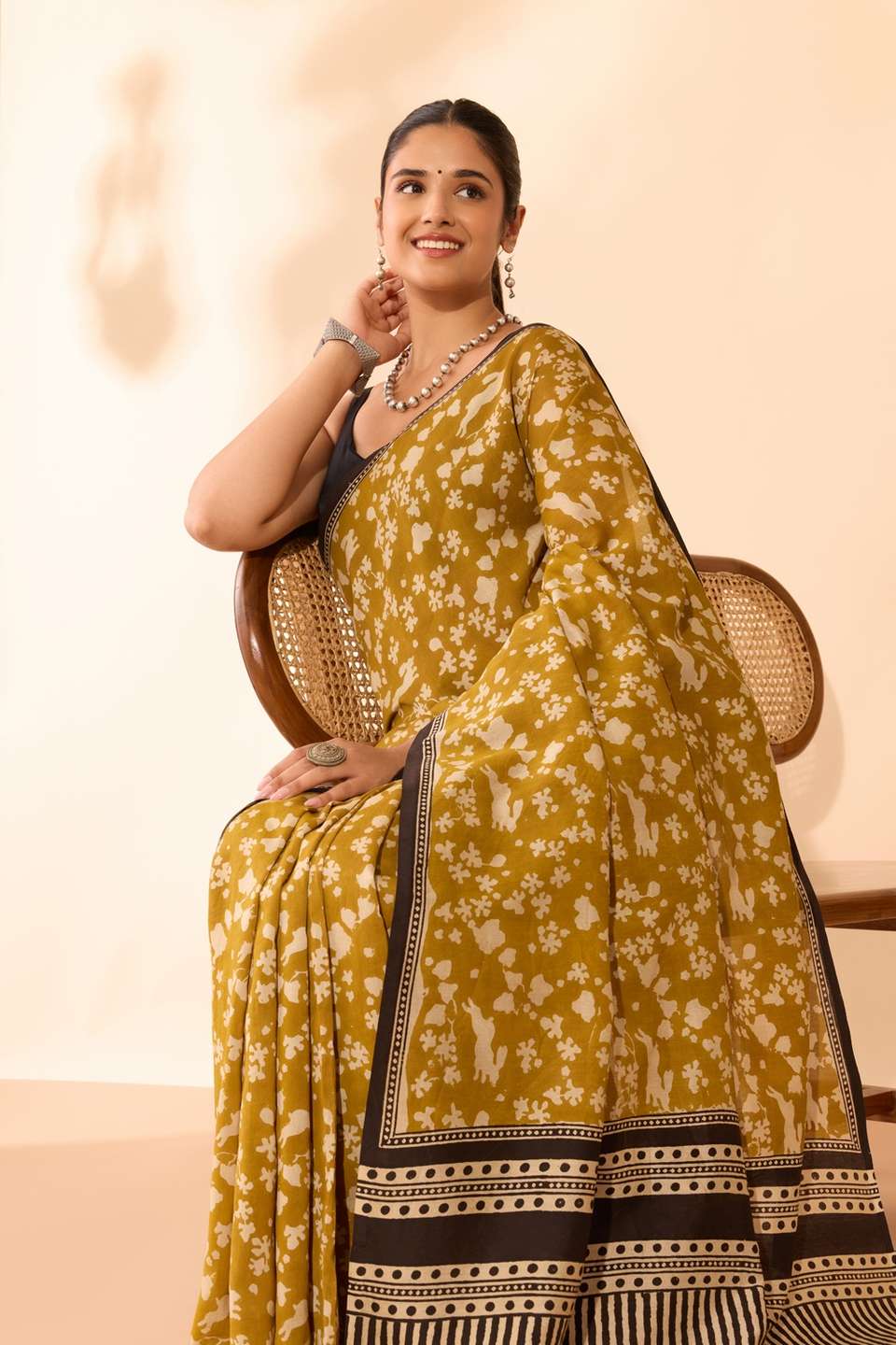 Dark Yellow Bagru Bagru Block Printed Pure Silk Cotton Saree