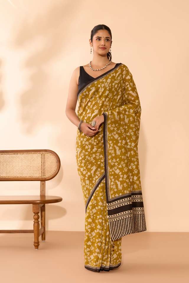 Dark Yellow Bagru Bagru Block Printed Pure Silk Cotton Saree thumbnail image number null