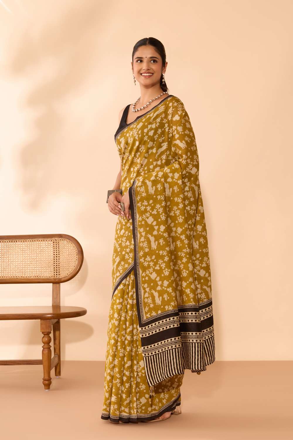 Dark Yellow Bagru Bagru Block Printed Pure Silk Cotton Saree image number null