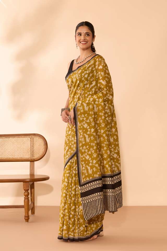 Dark Yellow Bagru Bagru Block Printed Pure Silk Cotton Saree thumbnail image number null