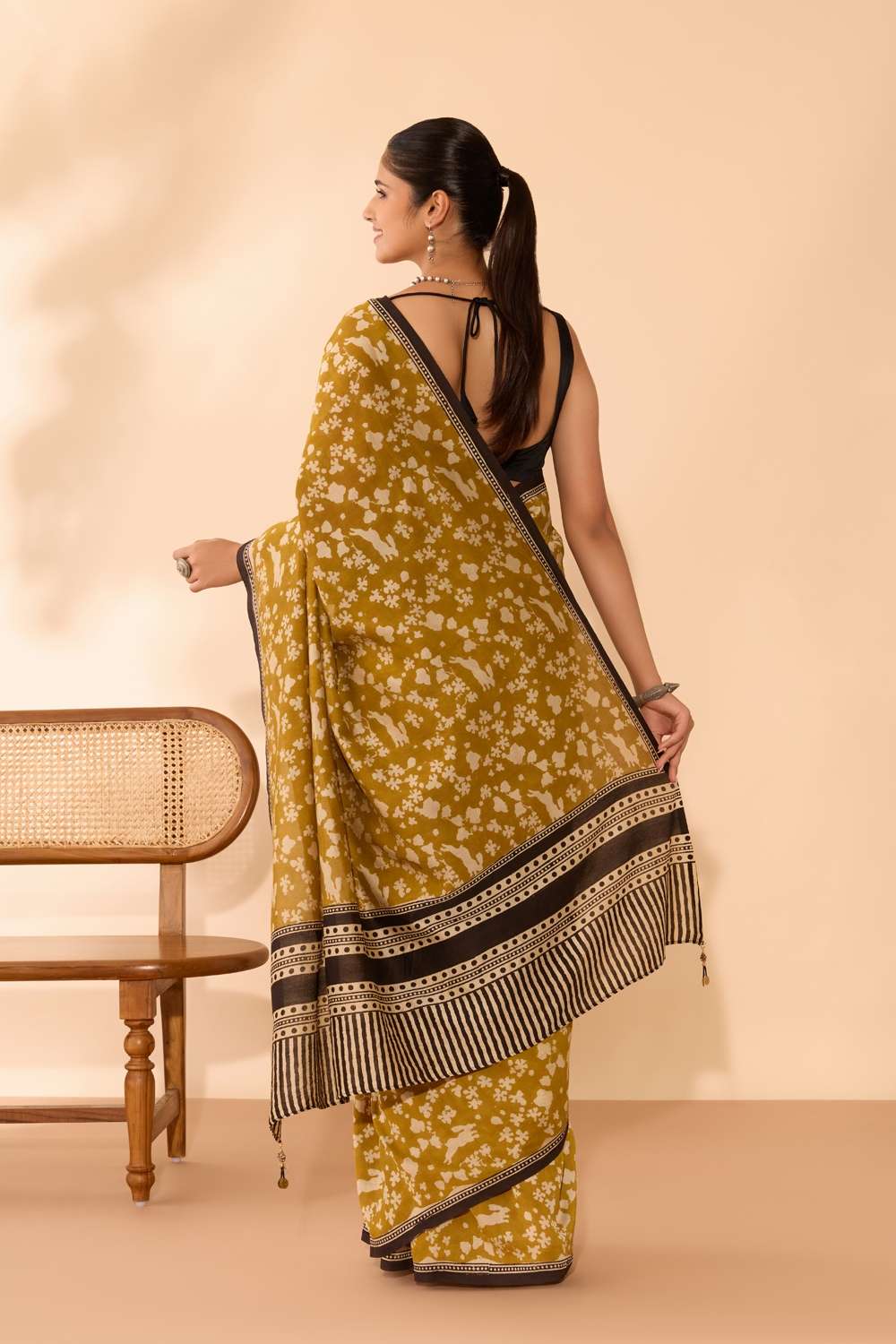 Dark Yellow Bagru Bagru Block Printed Pure Silk Cotton Saree image number null