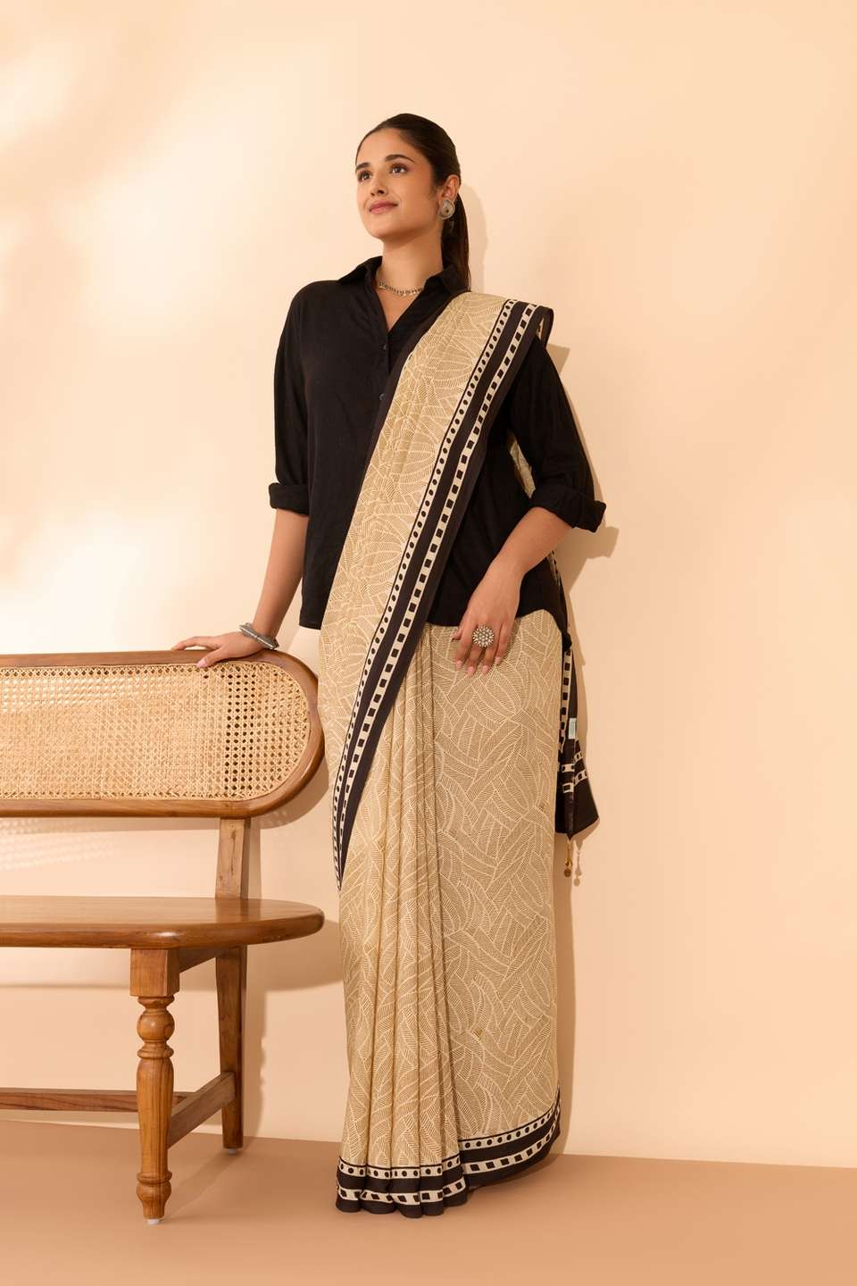 Beige Bagru Viscose Bagru Block Printed Saree
