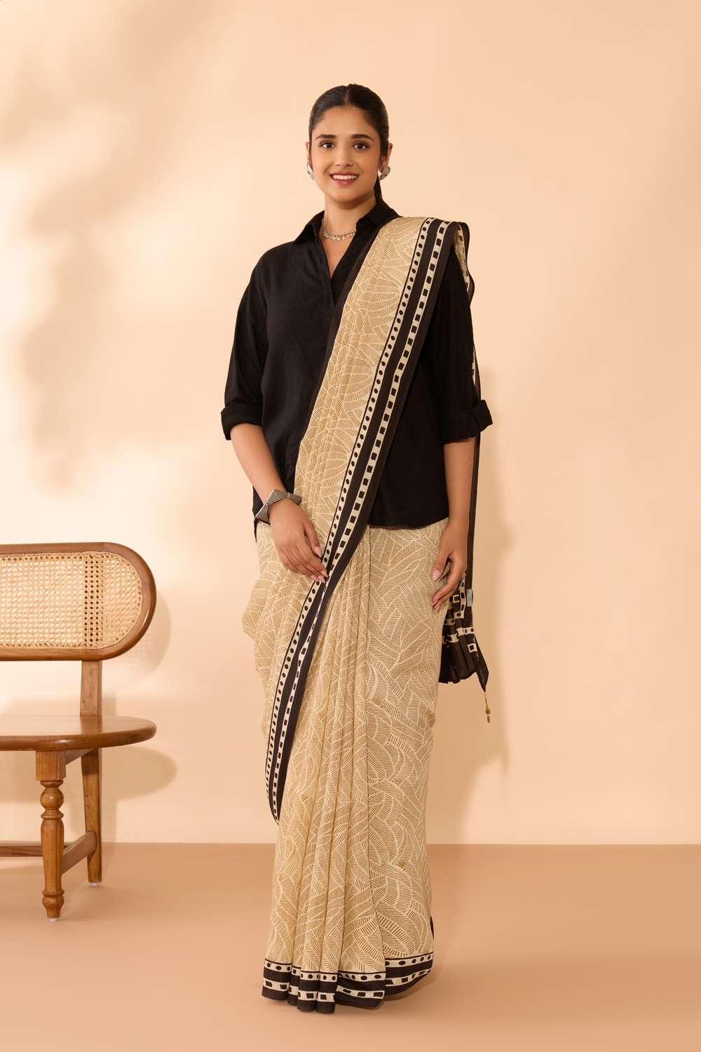 Beige Bagru Viscose Bagru Block Printed Saree image number null