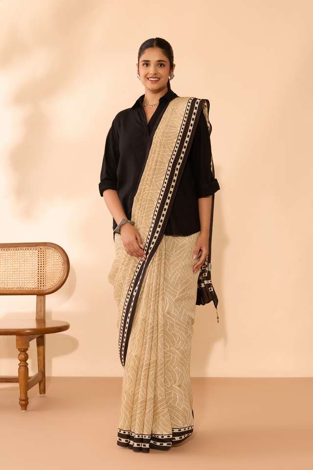 Beige Bagru Viscose Bagru Block Printed Saree thumbnail image number null
