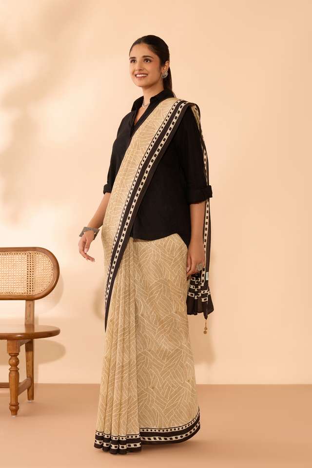 Beige Bagru Viscose Bagru Block Printed Saree thumbnail image number null