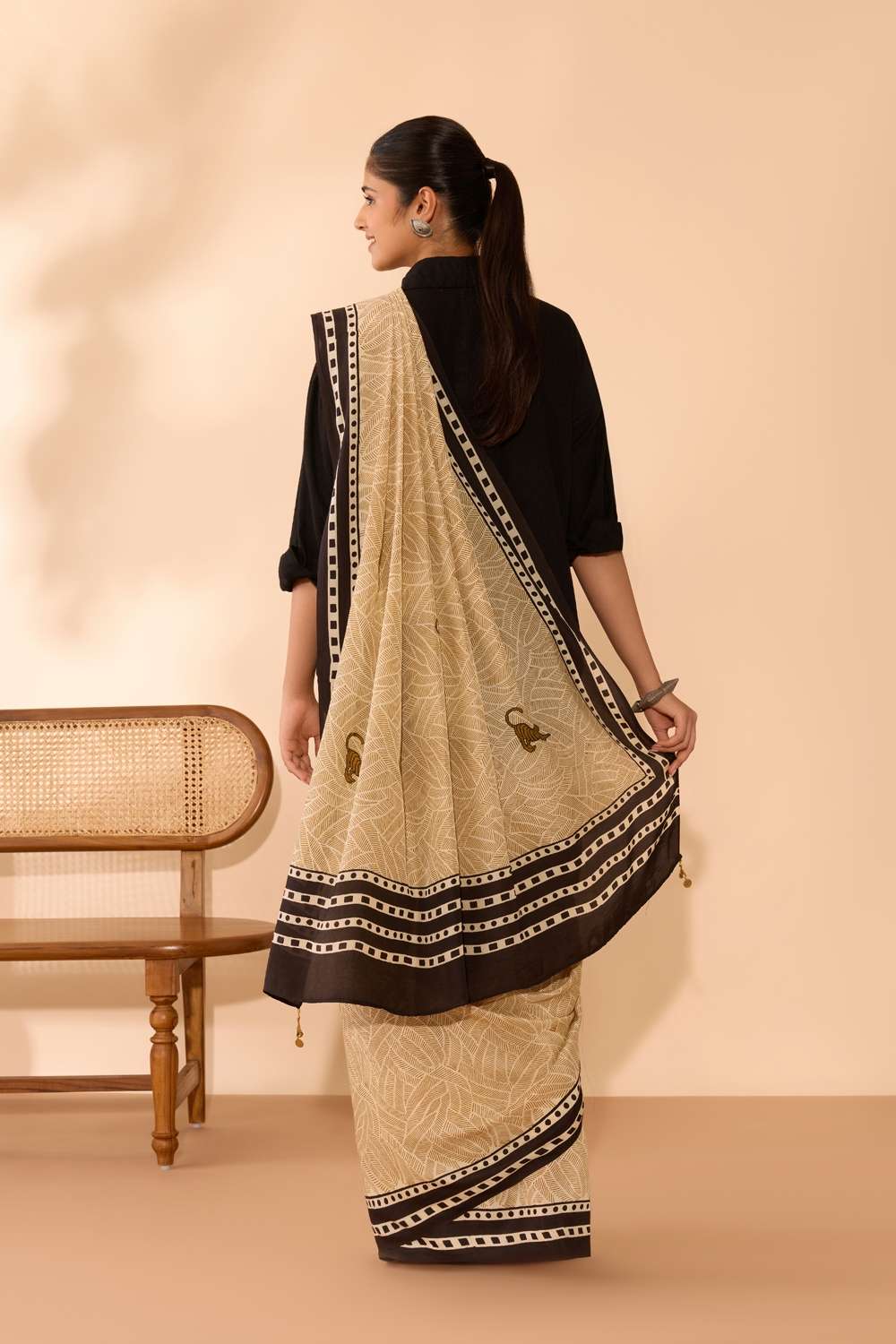 Beige Bagru Viscose Bagru Block Printed Saree image number null