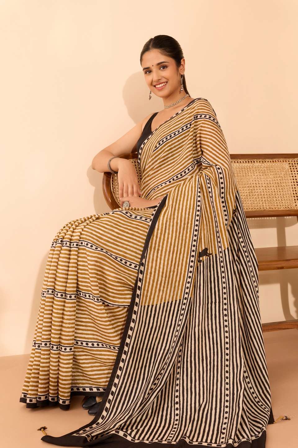 Brown Bagru Viscose Bagru Block Printed Saree