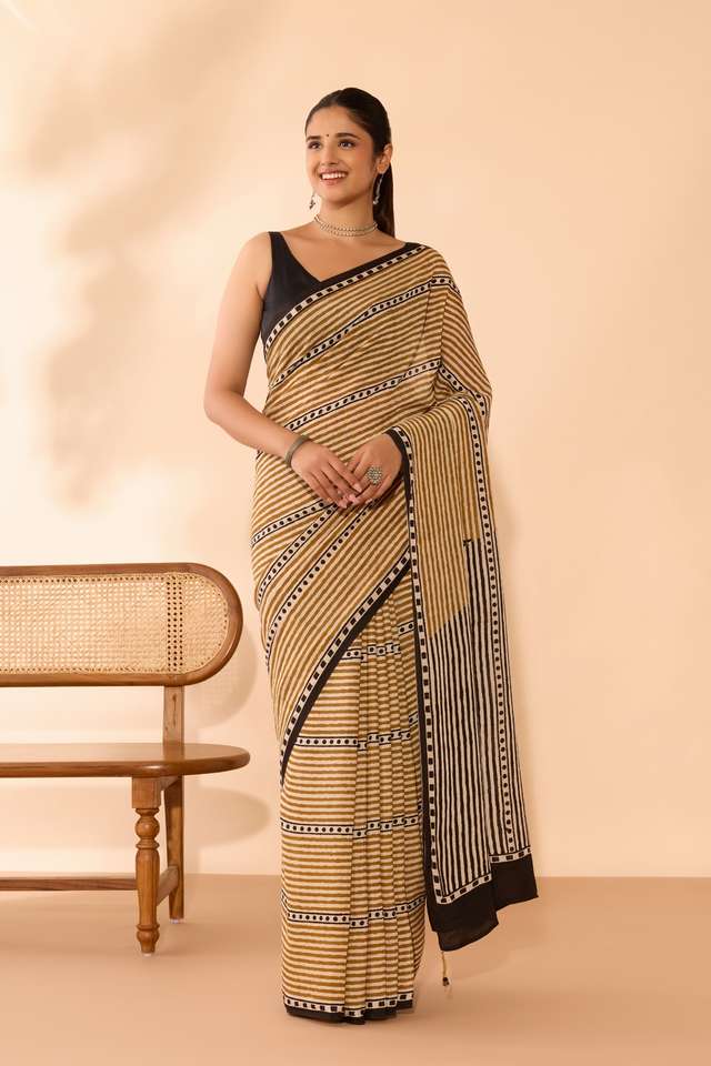 Brown Bagru Viscose Bagru Block Printed Saree thumbnail image number null