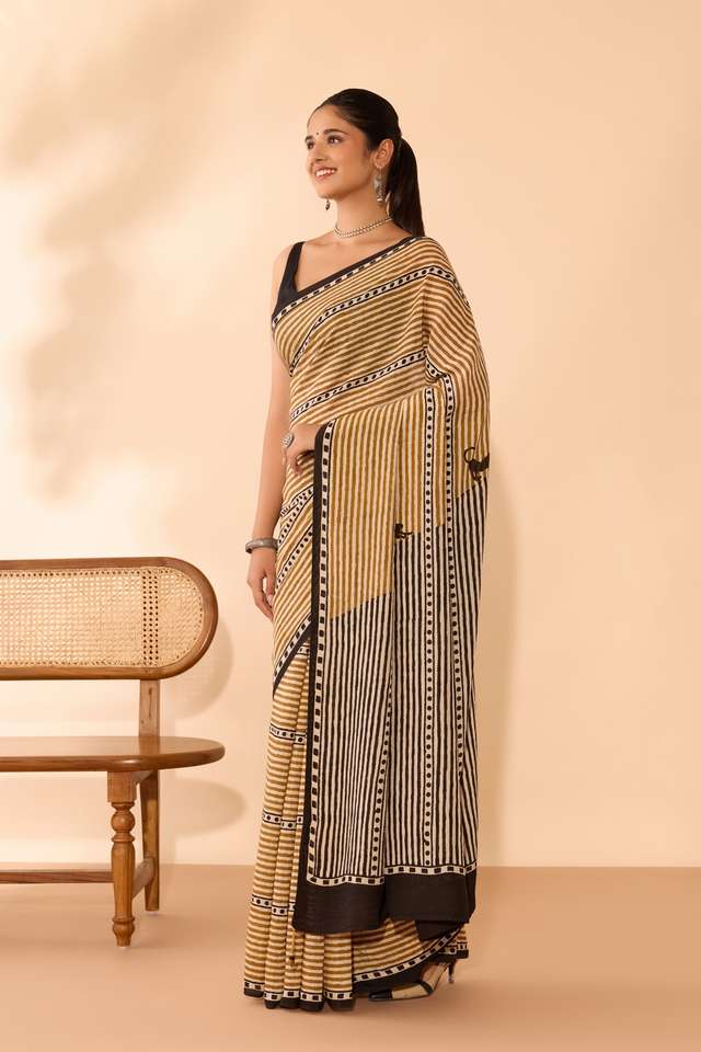 Brown Bagru Viscose Bagru Block Printed Saree thumbnail image number null