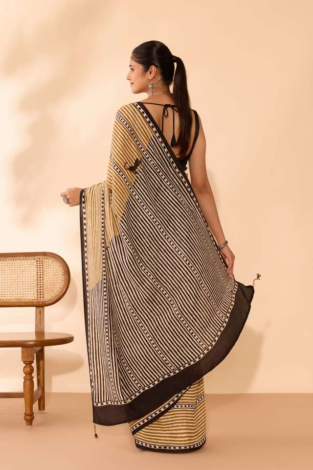 Brown Bagru Viscose Bagru Block Printed Saree thumbnail image number null