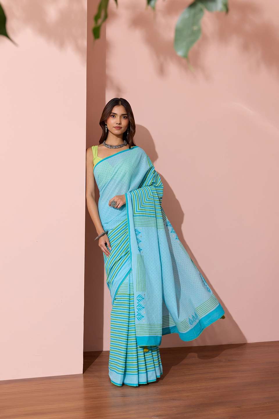 Light Blue Pure Cotton Block Printed Bengal Saree