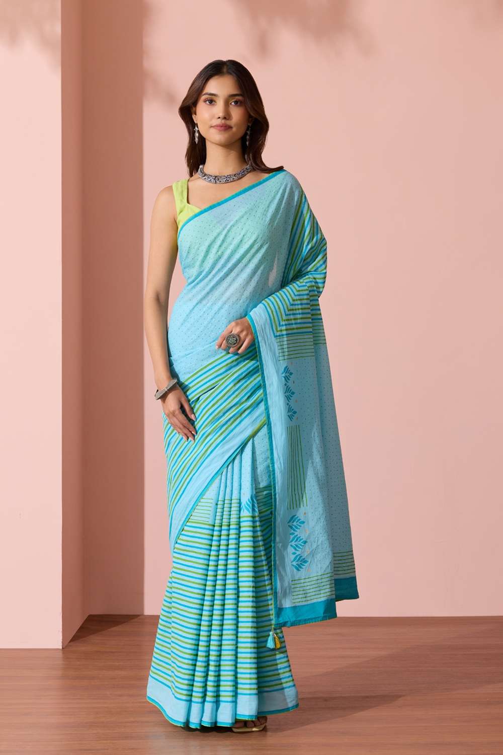 Light Blue Pure Cotton Block Printed Bengal Saree image number null