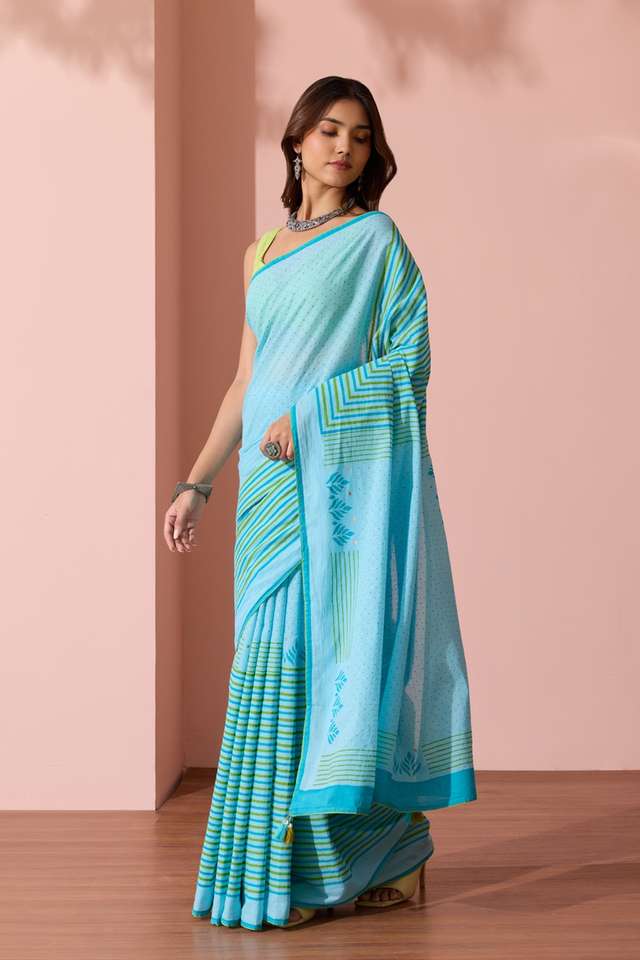 Light Blue Pure Cotton Block Printed Bengal Saree thumbnail image number null