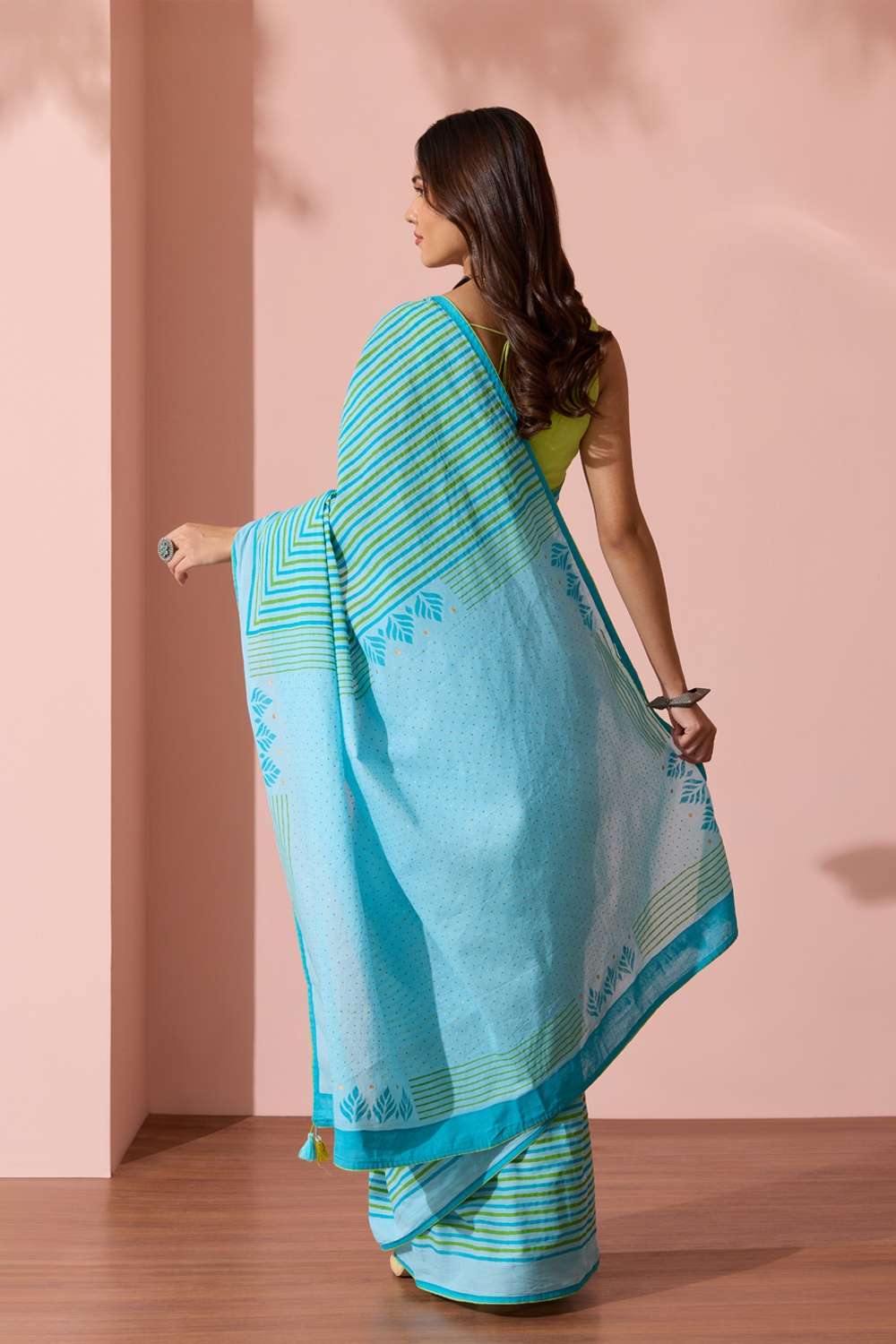 Light Blue Pure Cotton Block Printed Bengal Saree image number null