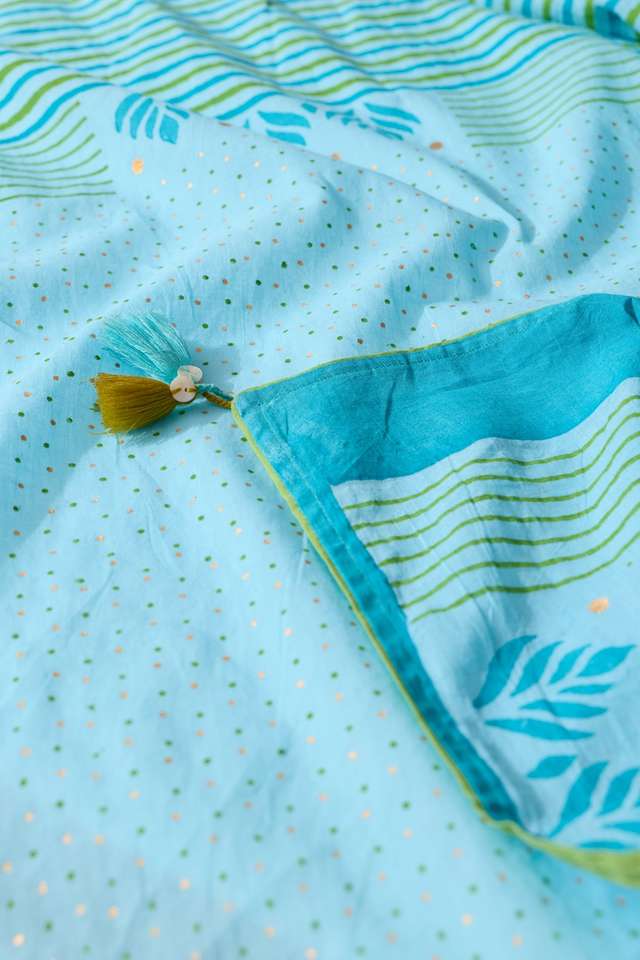 Light Blue Pure Cotton Block Printed Bengal Saree thumbnail image number null