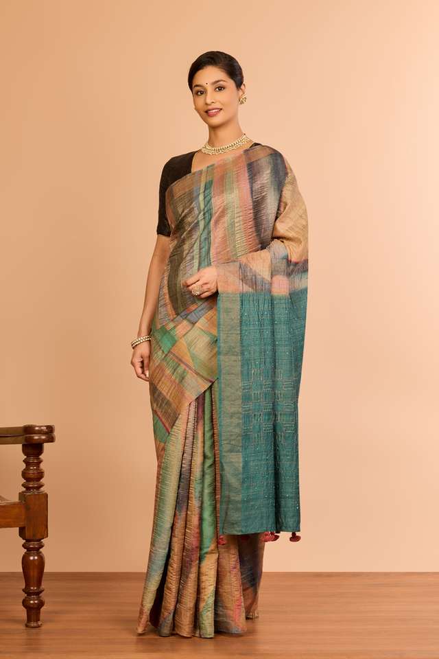 Multicolor Tussar Embroidered Saree thumbnail image number null